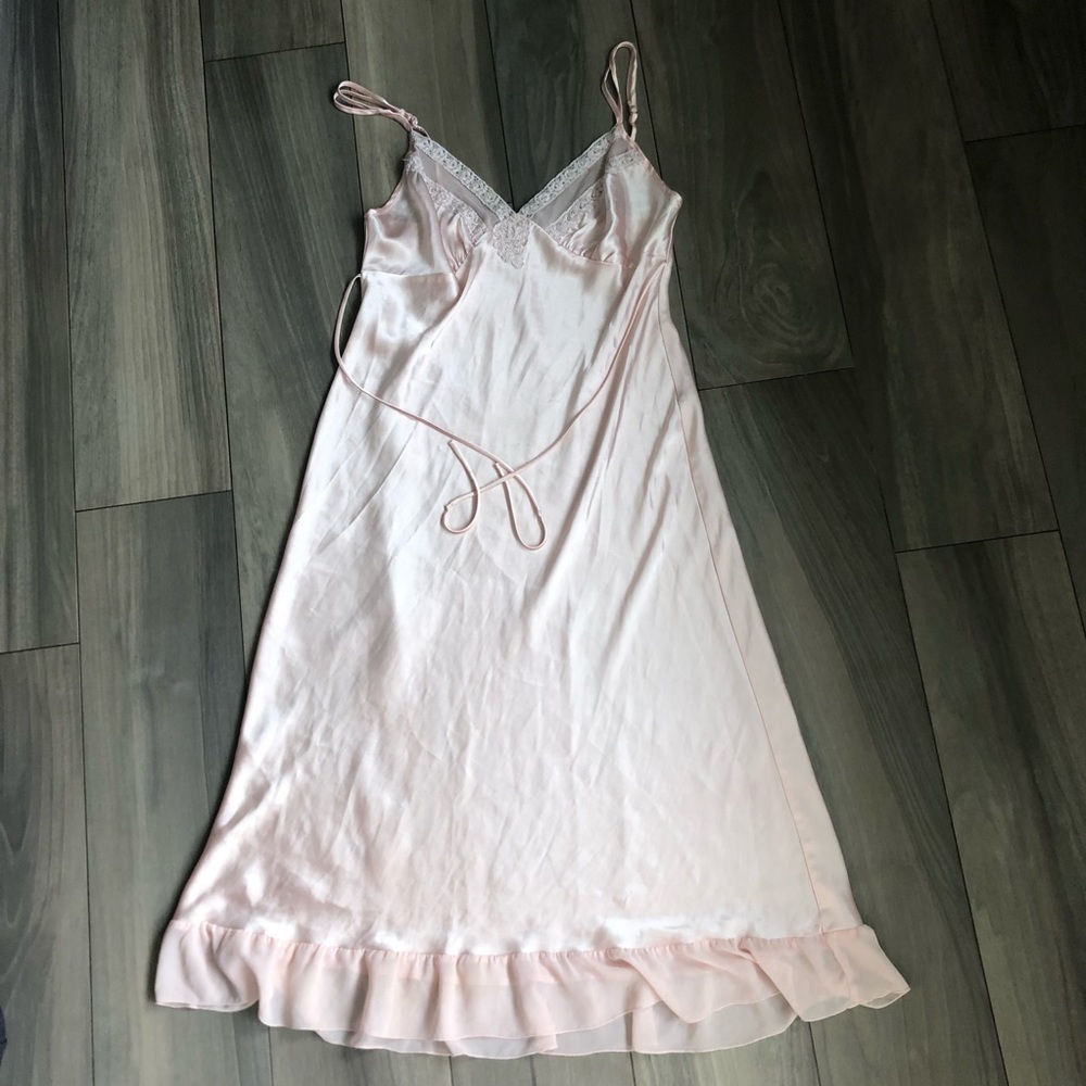 Vintage Beaded Pink Nightgown Chiffon Trim Hem Sz Large